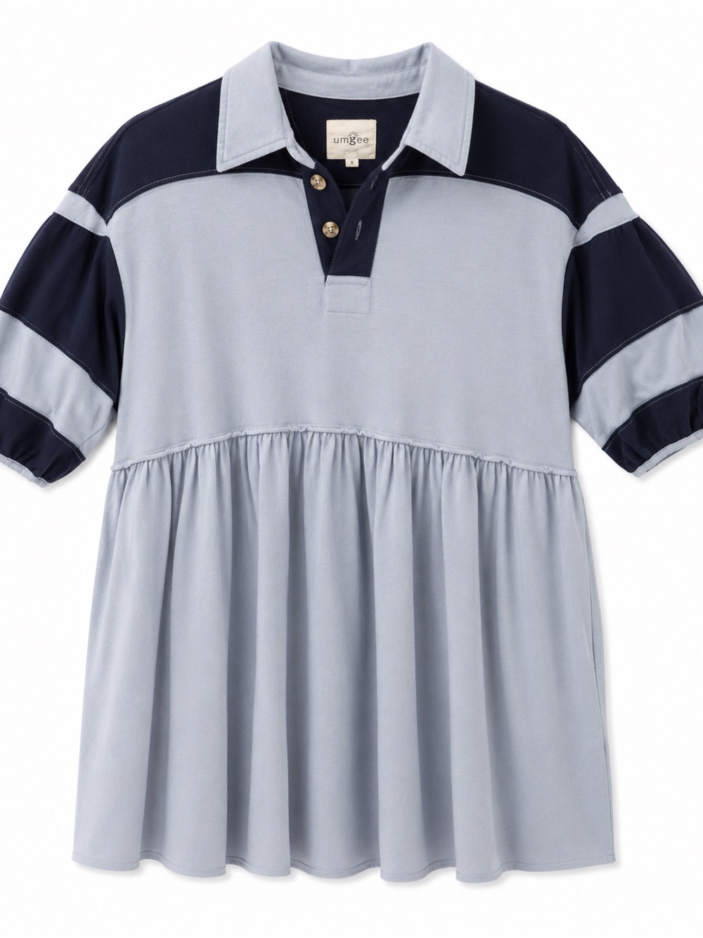 Umgee Light Blue & Navy Ruffle Polo Dressy Top